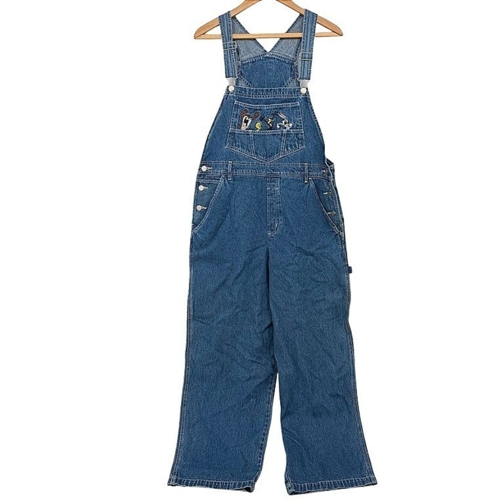 Looney Tunes Denim Overalls Embroidered Taz Bugs Bunny VTG Size LG Novelty